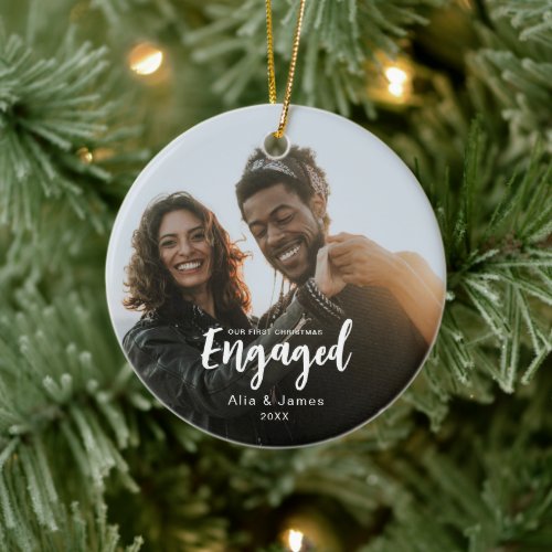 Modern First Christmas Engaged Photo Ceramic Ornament