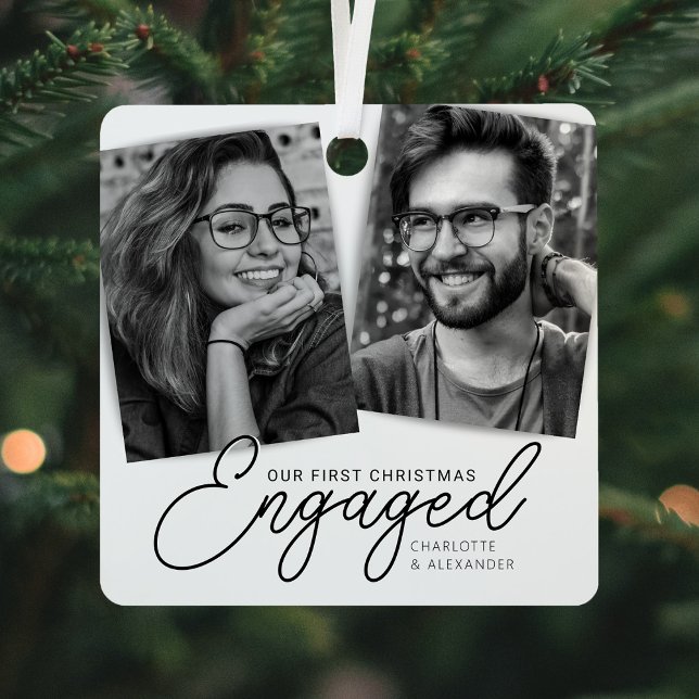 Modern First Christmas Engaged Photo Holiday Metal Ornament (Creator Uploaded)