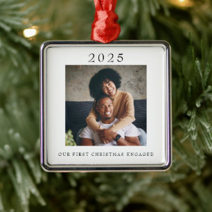 Modern First Christmas Engaged Photo Metal Ornament