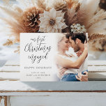 Modern First Christmas Engaged Photo Overlay Holiday Card<br><div class="desc">Modern First Christmas Engaged Photo Overlay. Available digitally and printed. A fully customisable design especially to celebrate the happy couple’s first Christmas after their engagement . A beautiful calligraphy script for the header text. Easily personalise with your greeting and names and replace the sample photo with your own. A gradient...</div>