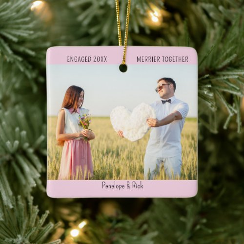 Modern First Christmas Engaged Photo Pink Ceramic Ornament
