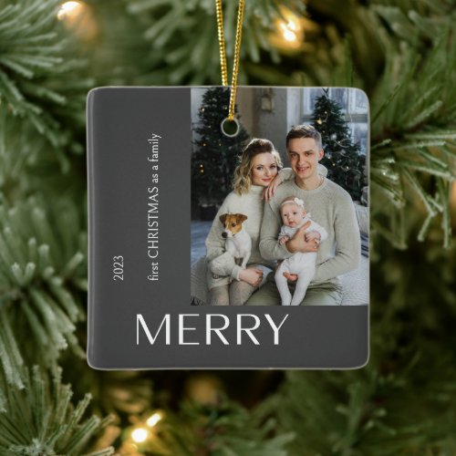 Modern First Christmas Family Merry Photo Collage Ceramic Ornament