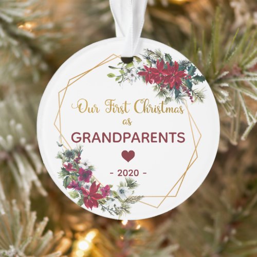 Modern First Christmas Grandparents Photo Floral Ornament - This is a beautiful gold floral poinsettia frame with modern script "Our First Christmas as Grandparents' Photo ornament.