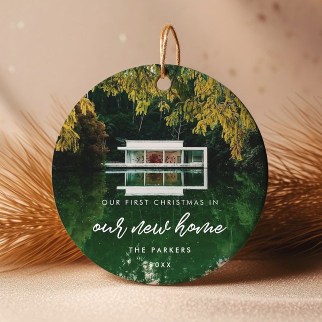 Modern First Christmas in our new home Photo Ceramic Ornament (Creator Uploaded)