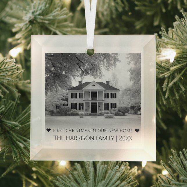 Modern First Christmas In Our New Home Photo Glass Ornament (Insitu)