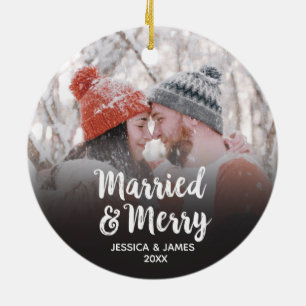 Modern First Christmas Married and Merry Photo Ceramic Ornament