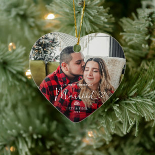 Modern First Christmas Married Newlywed Photo Ceramic Ornament