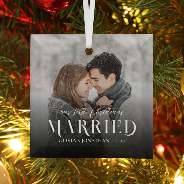 Modern First Christmas Married Newlywed Photo Glass Ornament (Creator Uploaded)