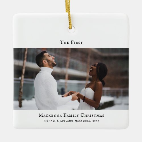 Modern First Christmas Married Personalized Photo  Ceramic Ornament