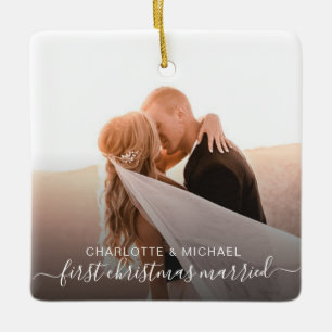 Modern First Christmas Married Photo Ceramic Ornament