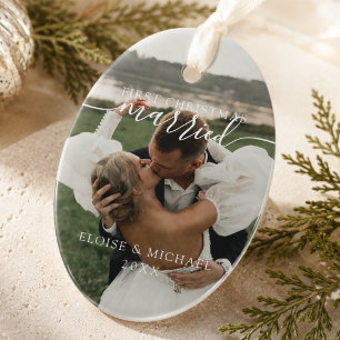 Modern First Christmas Married Photo Ceramic Ornament