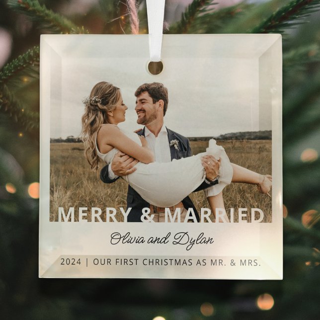 Modern First Christmas Married Photo Glass Ornament (Creator Uploaded)