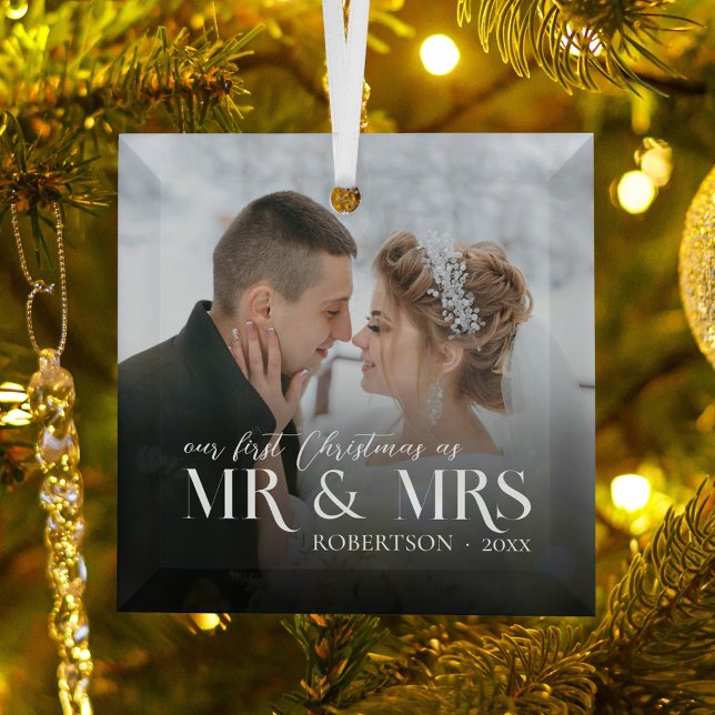 Modern First Christmas Mr & Mrs Newlywed Photo Glass Ornament (Creator Uploaded)
