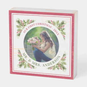 Modern First Christmas Newlywed Mr. & Mrs. Photo Wooden Box Sign