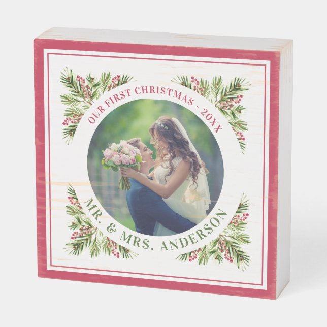 Modern First Christmas Newlywed Mr. & Mrs. Photo Wooden Box Sign (Angled Horizontal)