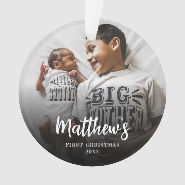 Modern First Christmas Photo Acrylic Ornament (Front)