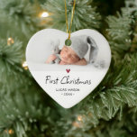 Modern First Christmas Photo Baby Ceramic Ornament<br><div class="desc">Baby's First Christmas holiday ornament. Design futures your favorite photo,  decorative accent heart in red and whimsical lettering.</div>