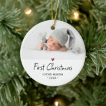 Modern First Christmas Photo Baby Ceramic Ornament<br><div class="desc">Baby's First Christmas holiday ornament. Design futures your favorite photo,  decorative accent heart in red and whimsical lettering.</div>