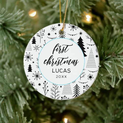 Modern First Christmas Photo Baby Ceramic Ornament