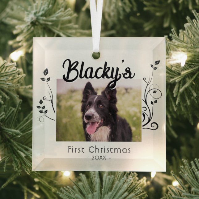 Modern First Christmas Puppy Foliage Red Photo Glass Ornament (Insitu)