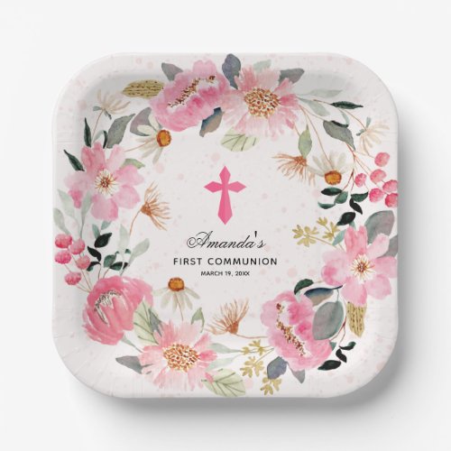 Modern First Communion Pink Floral Girl 