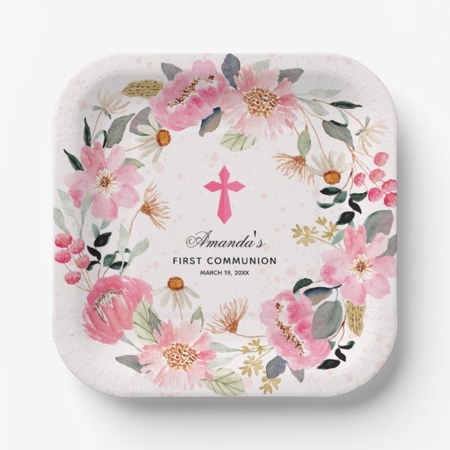 Modern First Communion Pink Floral Girl  Paper Plates (Front)
