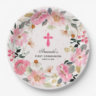 Modern First Communion Pink Floral Girl Paper Plates