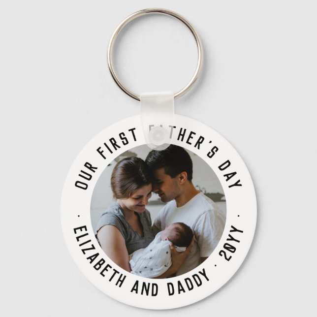 Modern First Father's Day Dad Typography Photo Keychain (Front)