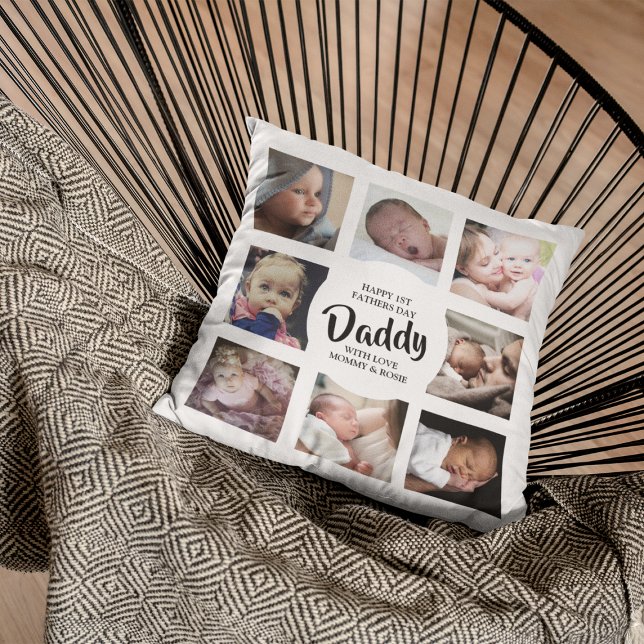 Modern | First Fathers Day | Photo Collage Throw P Pillow (Creator Uploaded)