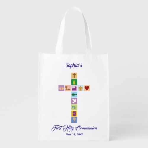 Modern First Holy Communion Colorful Cross Symbols Grocery Bag