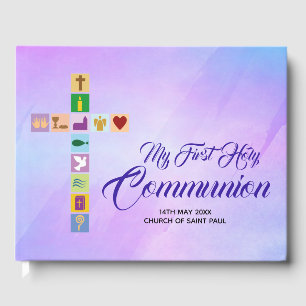 Modern First Holy Communion Colorful Cross Symbols Guest Book