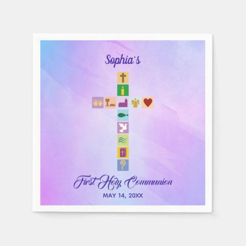 Modern First Holy Communion Colorful Cross Symbols Napkins
