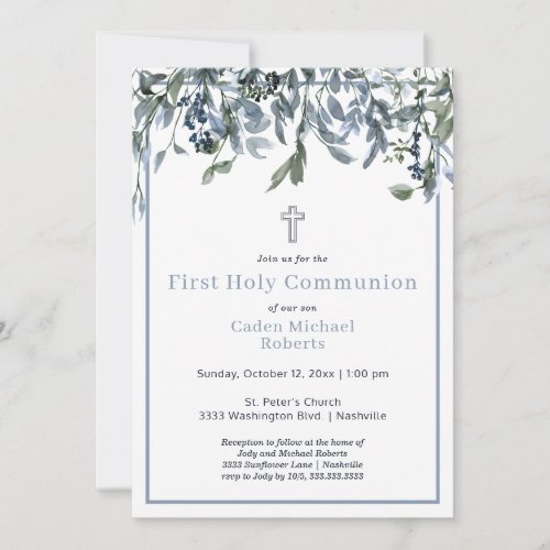 Modern First Holy Communion Greenery Blue Flowers Invitation