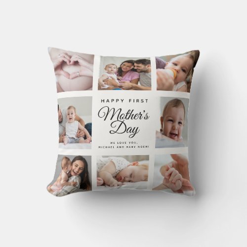Modern First Mothers Day Baby Photo Collage Throw Pillow