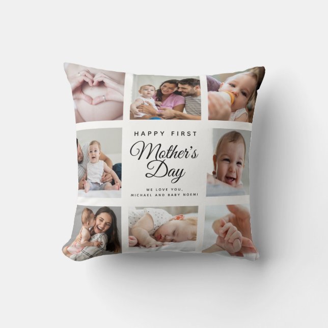 Modern First Mother's Day Baby Photo Collage Throw Pillow (Front)