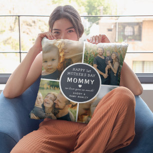 Modern First Mother's Day Mommy 4 Photo Collage Throw Pillow