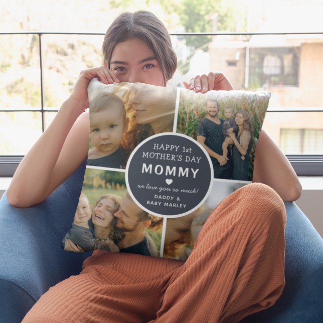 Modern First Mother's Day Mommy 4 Photo Collage Throw Pillow (Creator Uploaded)