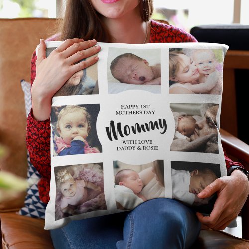 Modern  First Mothers Day  Photo Collage Throw Pillow