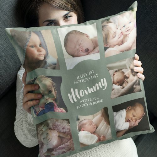 Modern  First Mothers Day  Photo Collage Throw Pillow