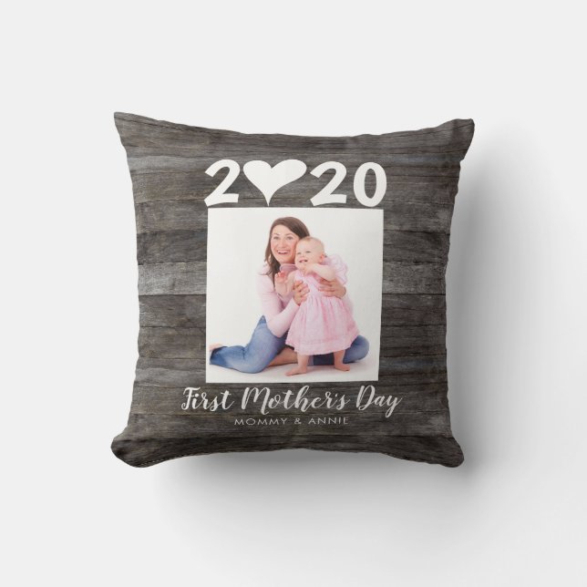 Modern First Mother's Day Script Heart Photo Wood Throw Pillow (Front)