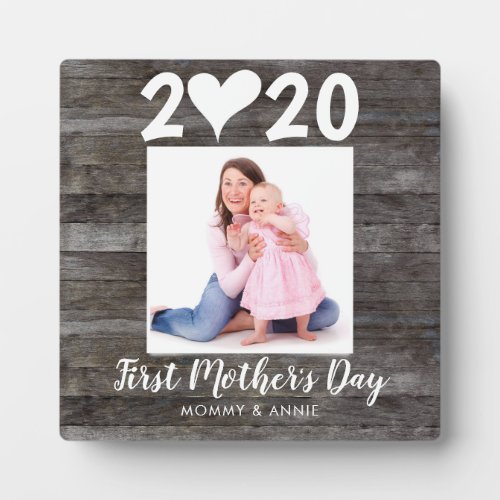 Modern First Mothers Day Script Heart Wood Photo Plaque