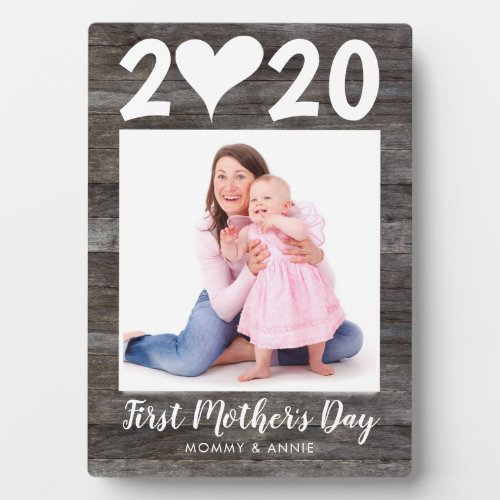 Modern First Mothers Day Simple Heart Wood Photo Plaque