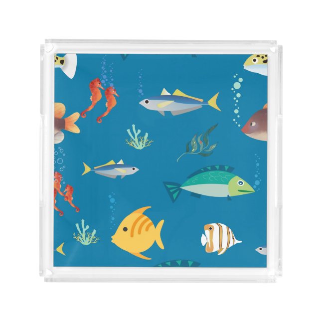 Modern Fish and Seahorse illustrated Pattern Blue Acrylic Tray (Front)