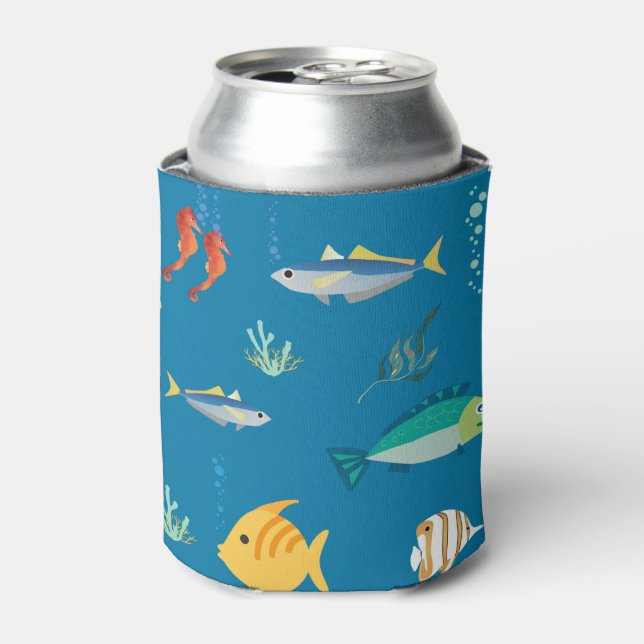 Modern Fish and Seahorse illustrated Pattern Blue Can Cooler (Can Front)