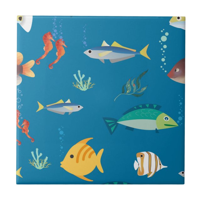 Modern Fish and Seahorse illustrated Pattern Blue Ceramic Tile (Front)