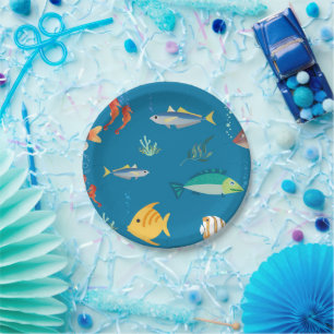 Modern Fish and Seahorse illustrated Pattern Blue Paper Plates