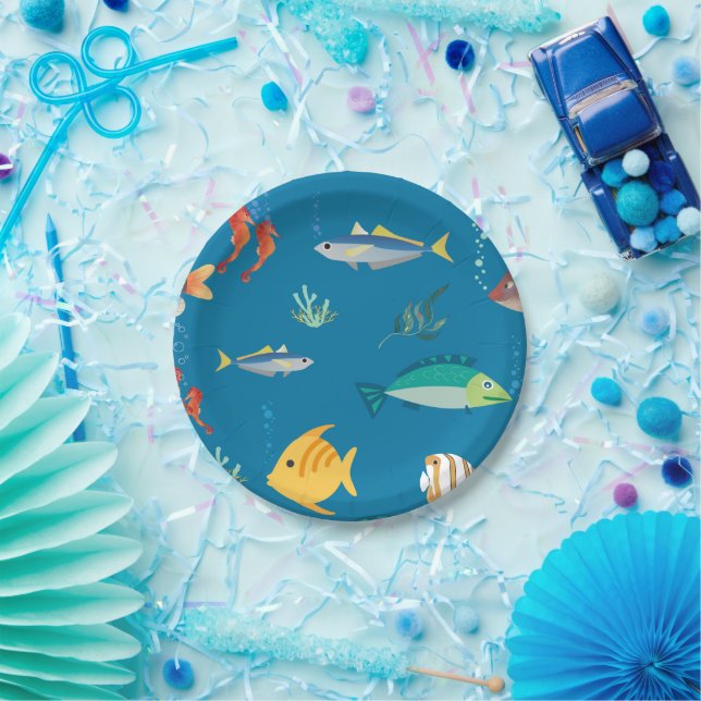 Modern Fish and Seahorse illustrated Pattern Blue Paper Plates (Party)