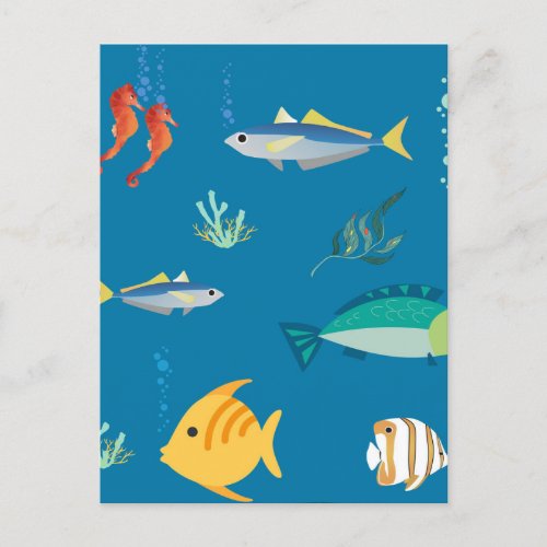Modern Fish and Seahorse illustrated Pattern Blue Postcard