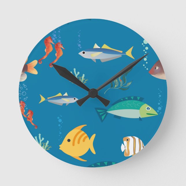 Modern Fish and Seahorse illustrated Pattern Blue Round Clock (Front)