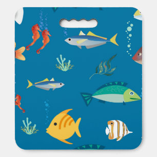 Modern Fish and Seahorse illustrated Pattern Blue Seat Cushion